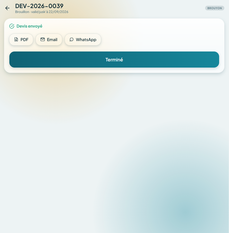 Écran après l'envoi d'un devis, avec les boutons PDF, Email et WhatsApp