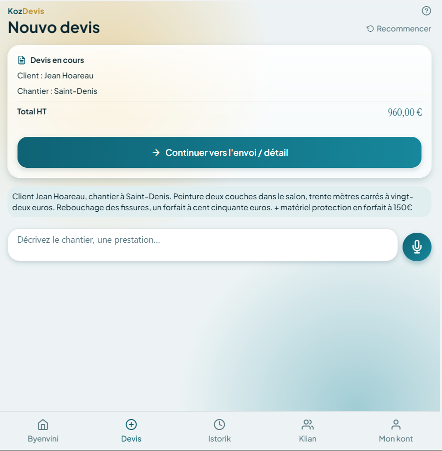 Onglet Devis en mode conversation, avec le champ de saisie texte et le total qui se construit