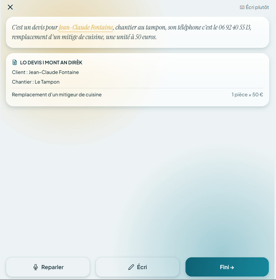 Écran d'enregistrement avec la transcription affichée et les boutons Reparler, Écri, Fini